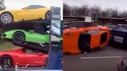 La sfilata delle supercar trasportate dal tir: poi arriva il disastro